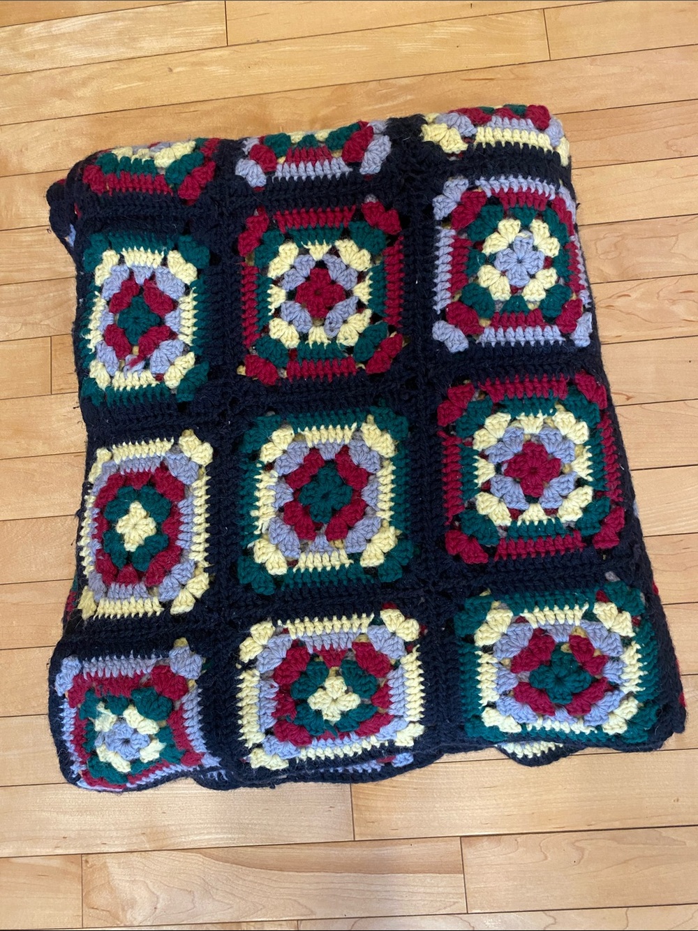 Handcrafted Crochet Granny Square Throw Blanket Blck/Red/Green/Yellow 78.5” 65”